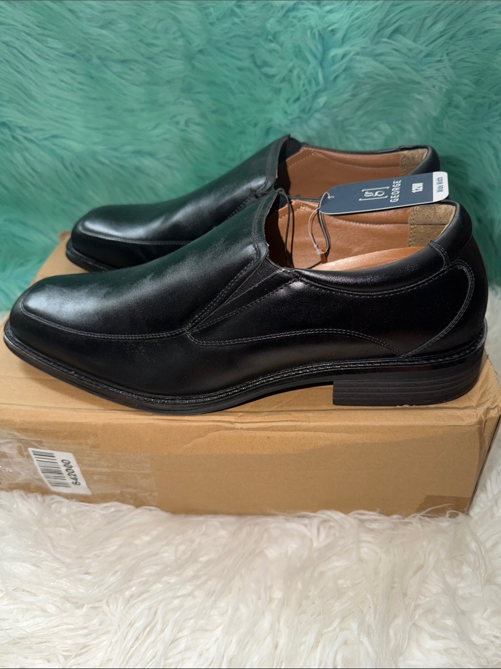 NWT George Black Leather Slip-On Dress Loafers for Men 12 Wide